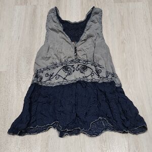 Free People Two-Tone Embroidered V-Neck Camisole in Gray and Navy